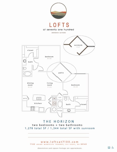 Floor plan for 2 beds, 2 baths, 1344 sqft